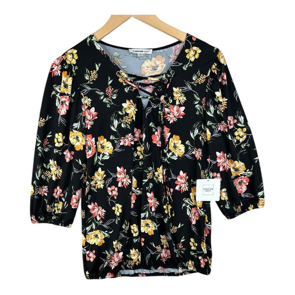 PERSEPTION CONCEPT Floral Print Blouse Size Small 3/4 Sleeve